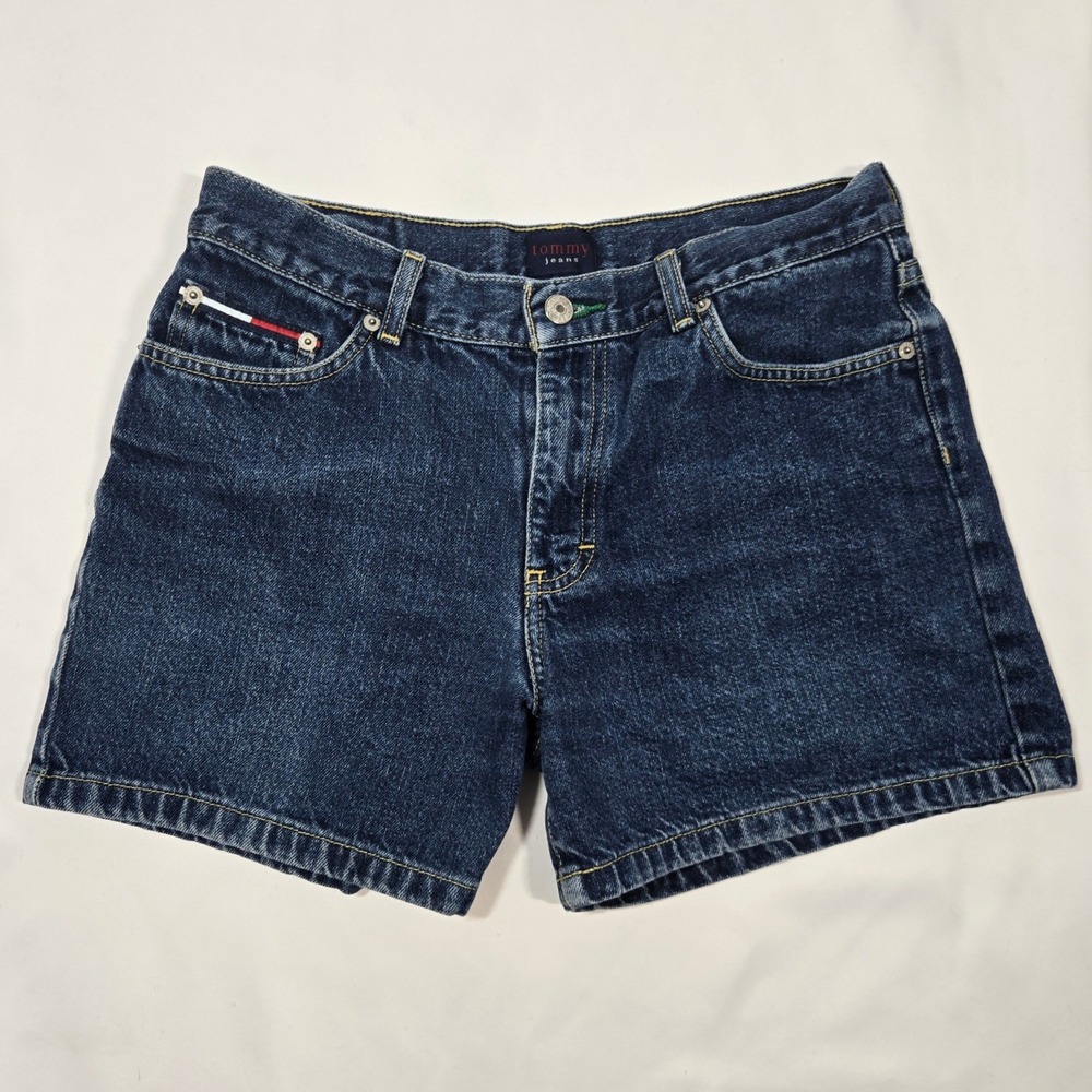 Vintage Tommy Jeans Womens 11 Denim Shorts Dark Wash Y2K Flag Logo 2001 Mexico